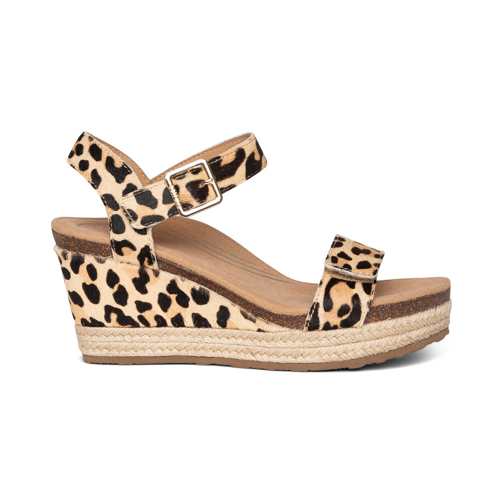 Aetrex Women's Sydney Quarter Strap Espadrille Wedge Sandals - Leopard | USA ROBMY8H